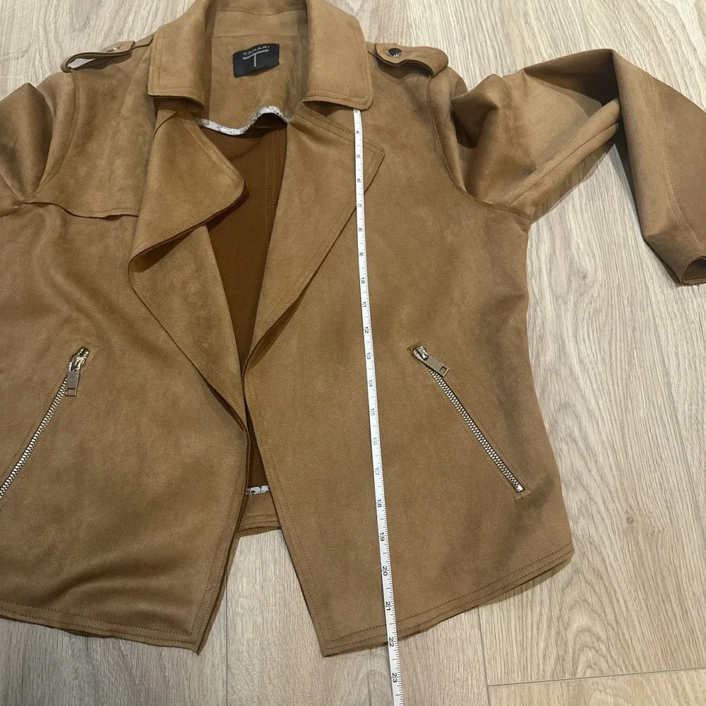 T Tahari Faux‎ Suede Jacket Women's Small Pockets Open Front Moto Style Camel